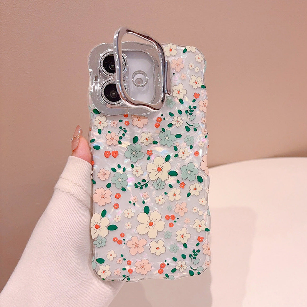 iPhoneケース キラキラ フラワー柄  スタンド付き スマホケース