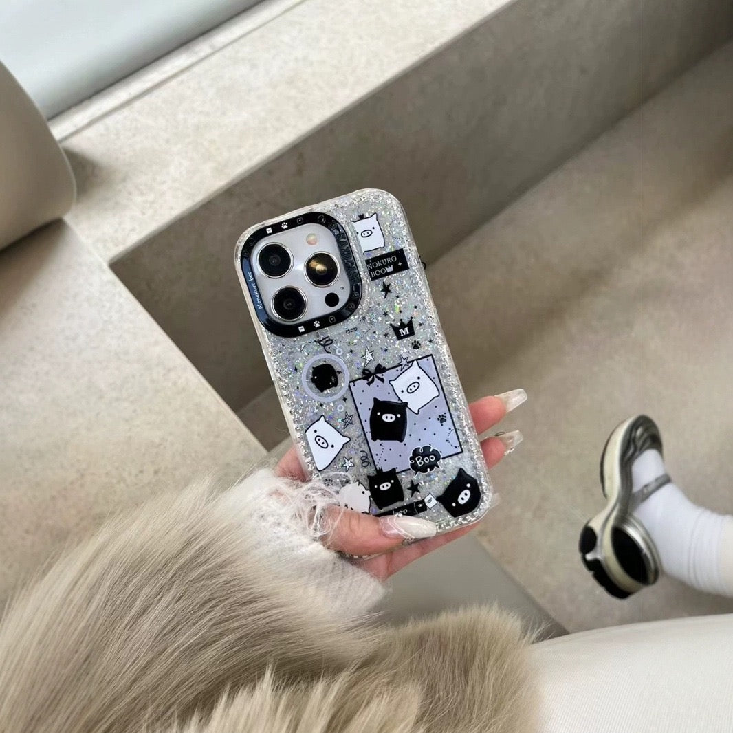 iPhoneケース かわいい ブラック×ホワイト 子豚 スマホケース