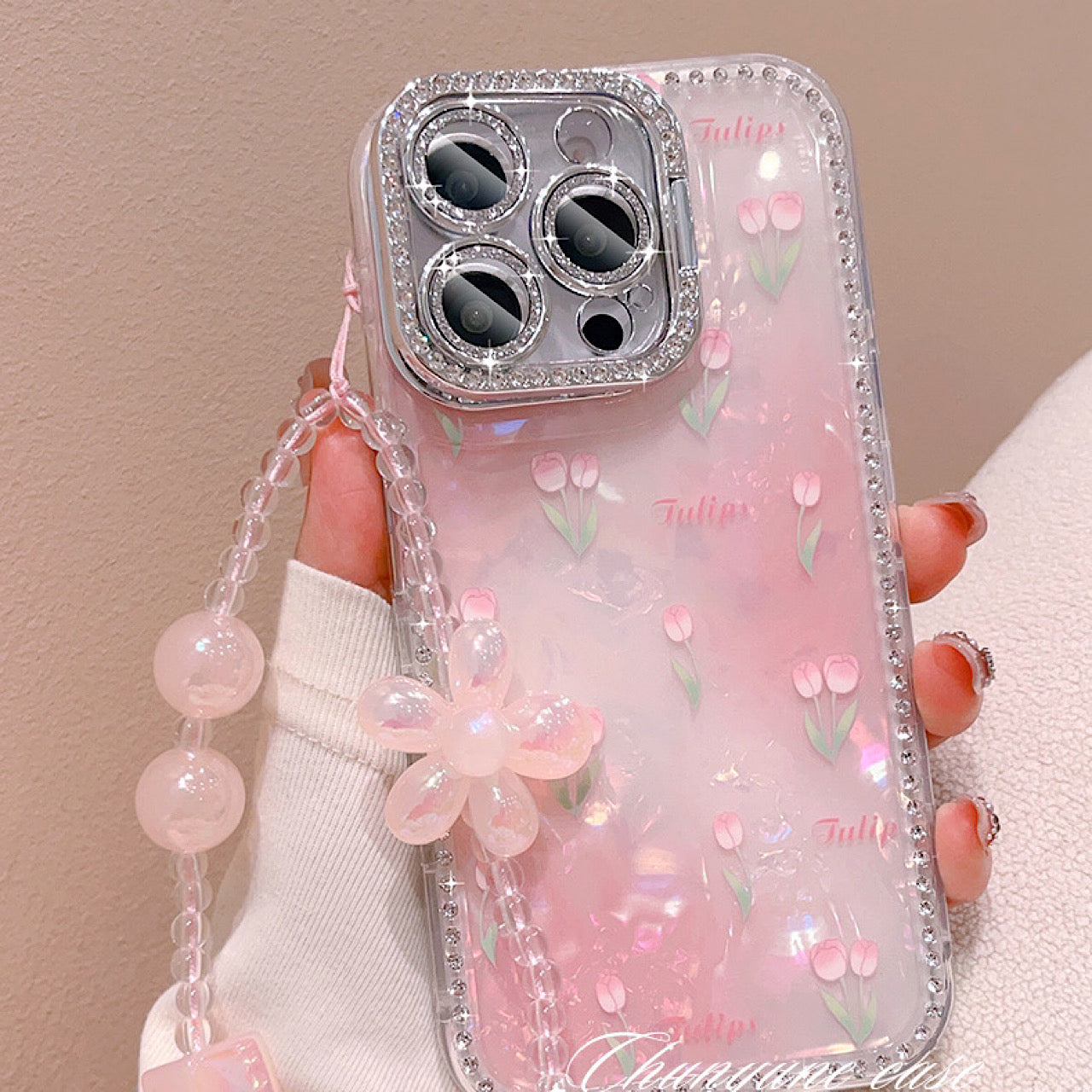 iPhoneケース かわいい ピンク チューリップ スタンド付き スマホケース