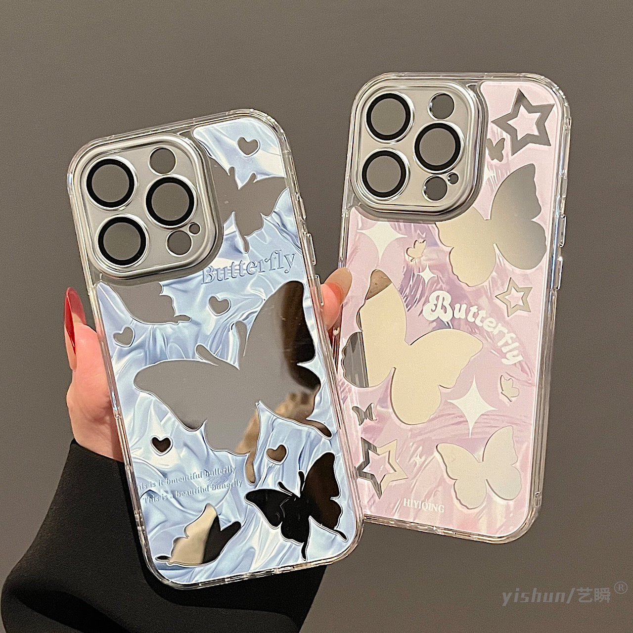 iPhoneケース おしゃれ ブルー 蝶々 ミラー付き スマホケース