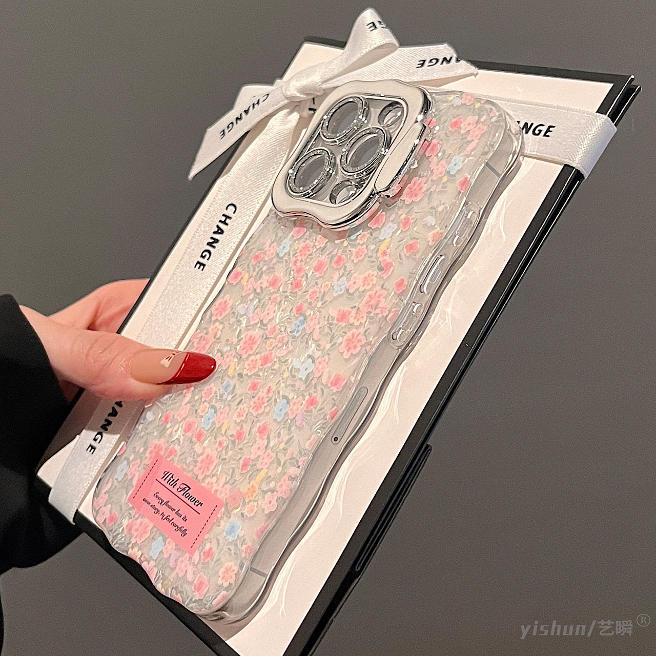 iPhoneケース おしゃれ ピンク フラワー スタンド付き スマホケース
