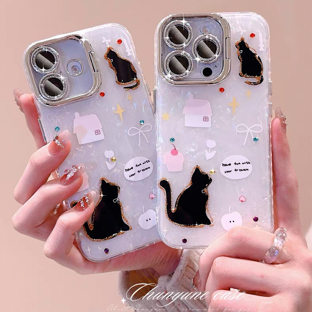 iPhoneケース かわいい 黒猫 スタンド付き スマホケース