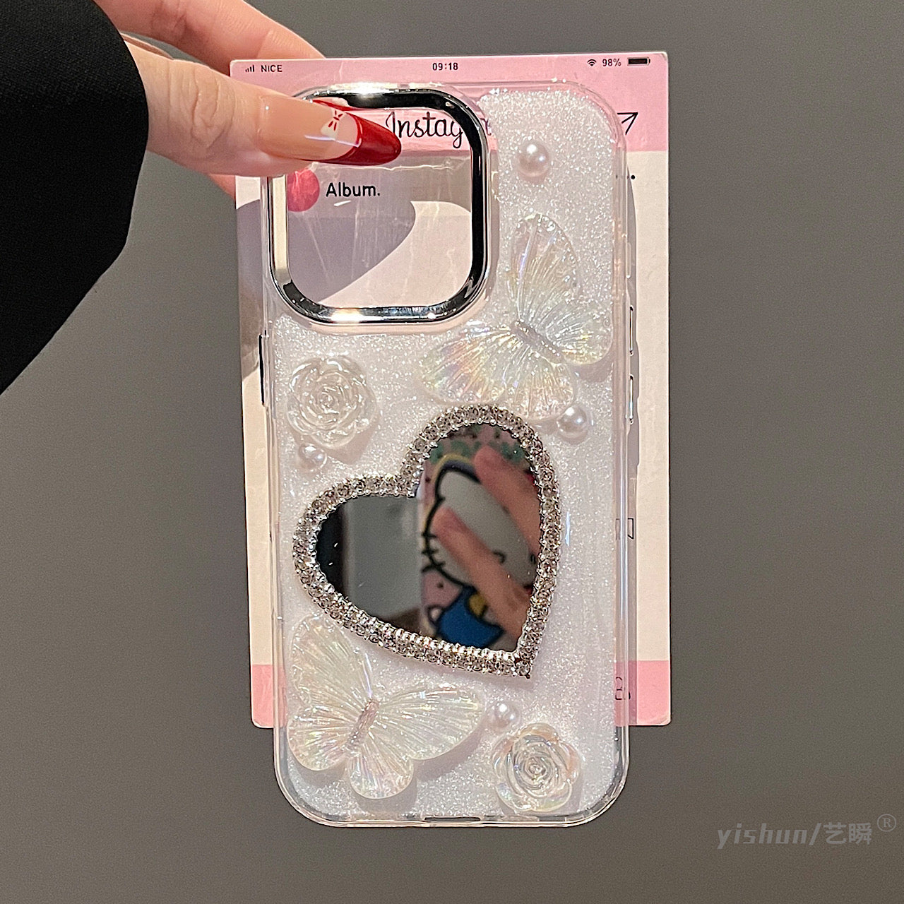 iPhoneケース おしゃれ 立体 蝶々 ハート ミラー付き スマホケース