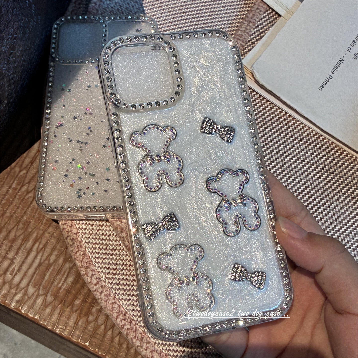 iPhoneケース 立体くま＆キラキラリボン ホワイトラメ スマホケース