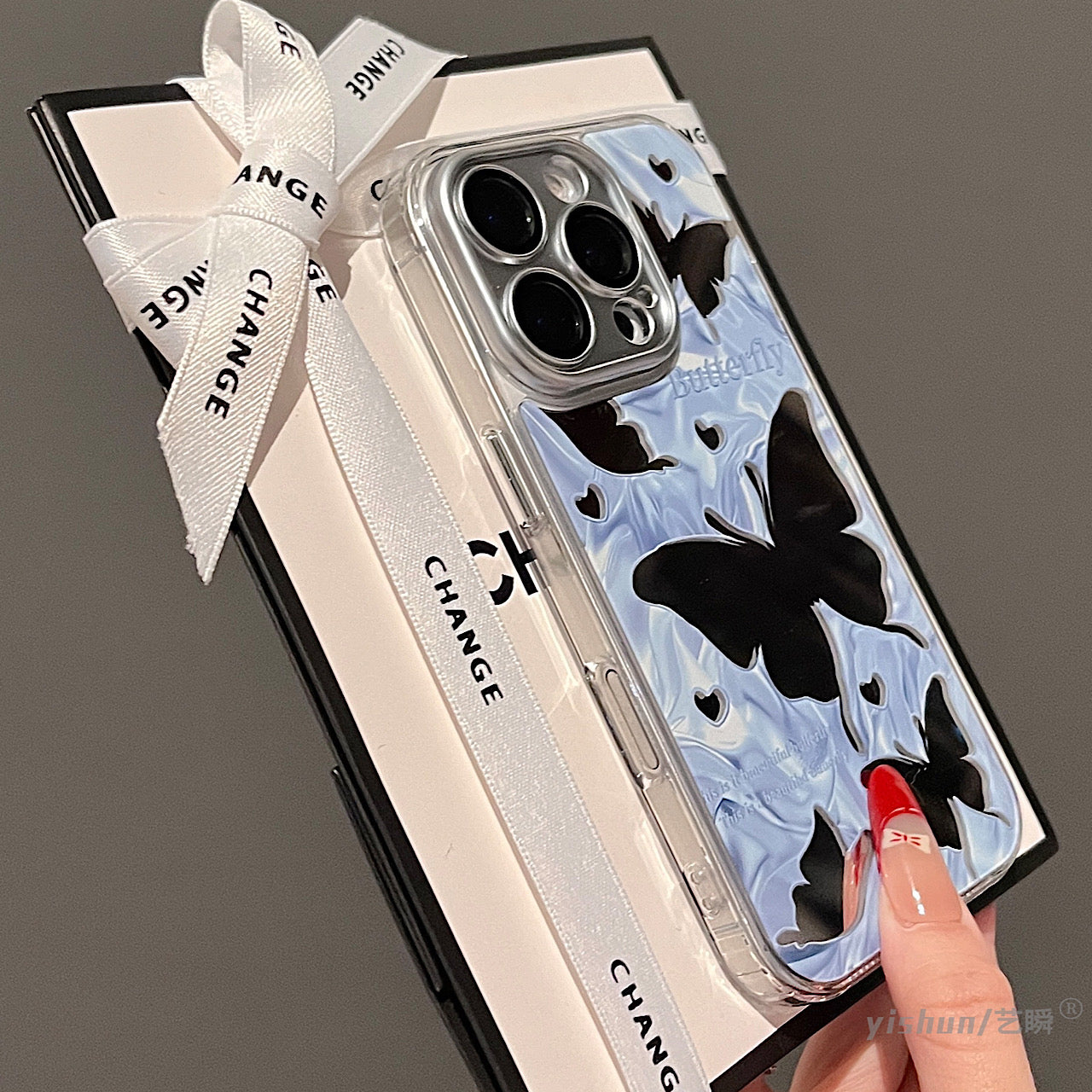 iPhoneケース おしゃれ ブルー 蝶々 ミラー付き スマホケース