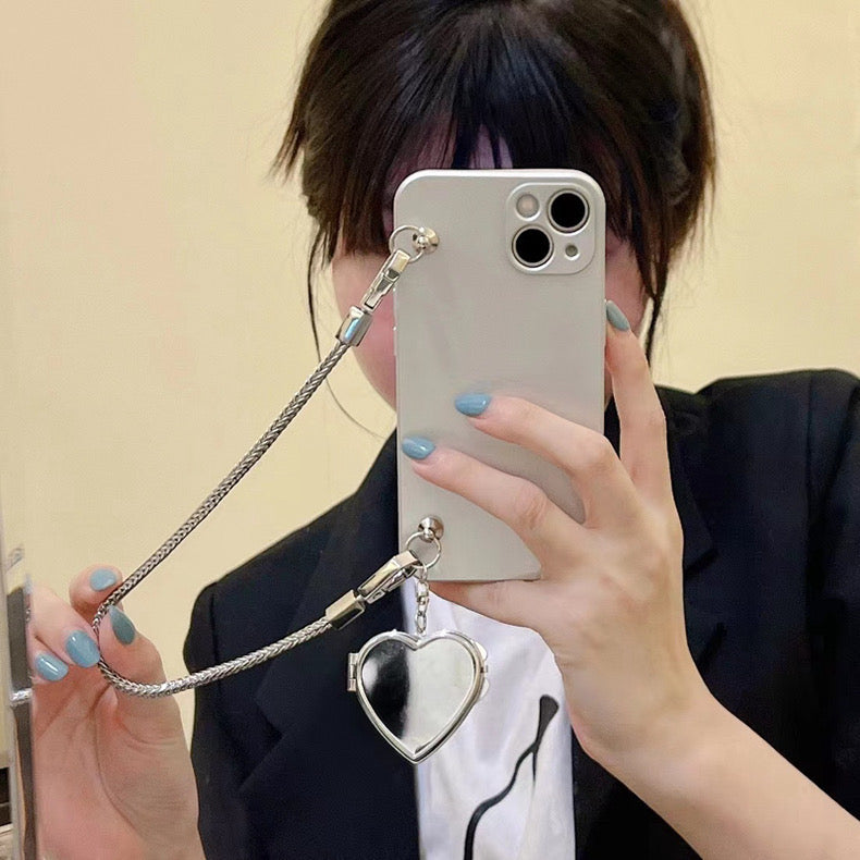 iPhoneケース シンプル 単色 シルバー ハート ミラー付き スマホケース