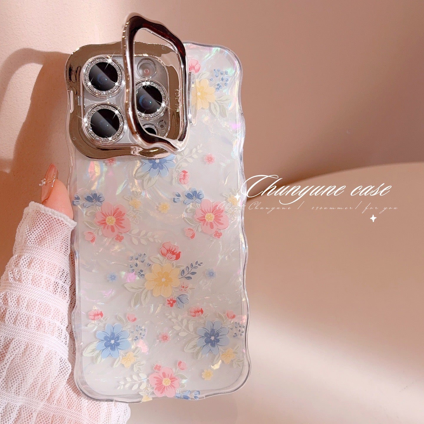 iPhoneケース 小花柄クリア×カメラ保護カバー スマホスタンド スマホケース