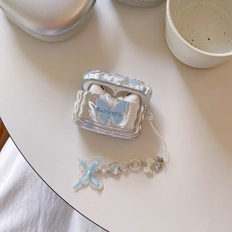 AirPodsケース おしゃれ ブルー 蝶々 シルバー AirPods Proケース