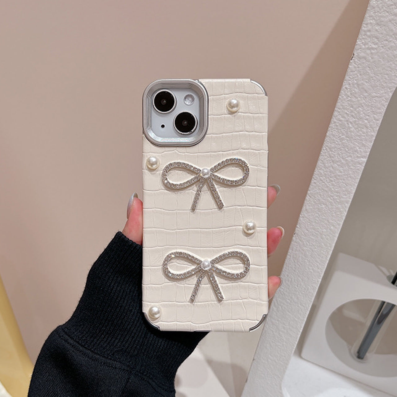 iPhoneケース おしゃれ キラキラ 立体 リボン ホワイト スマホケース