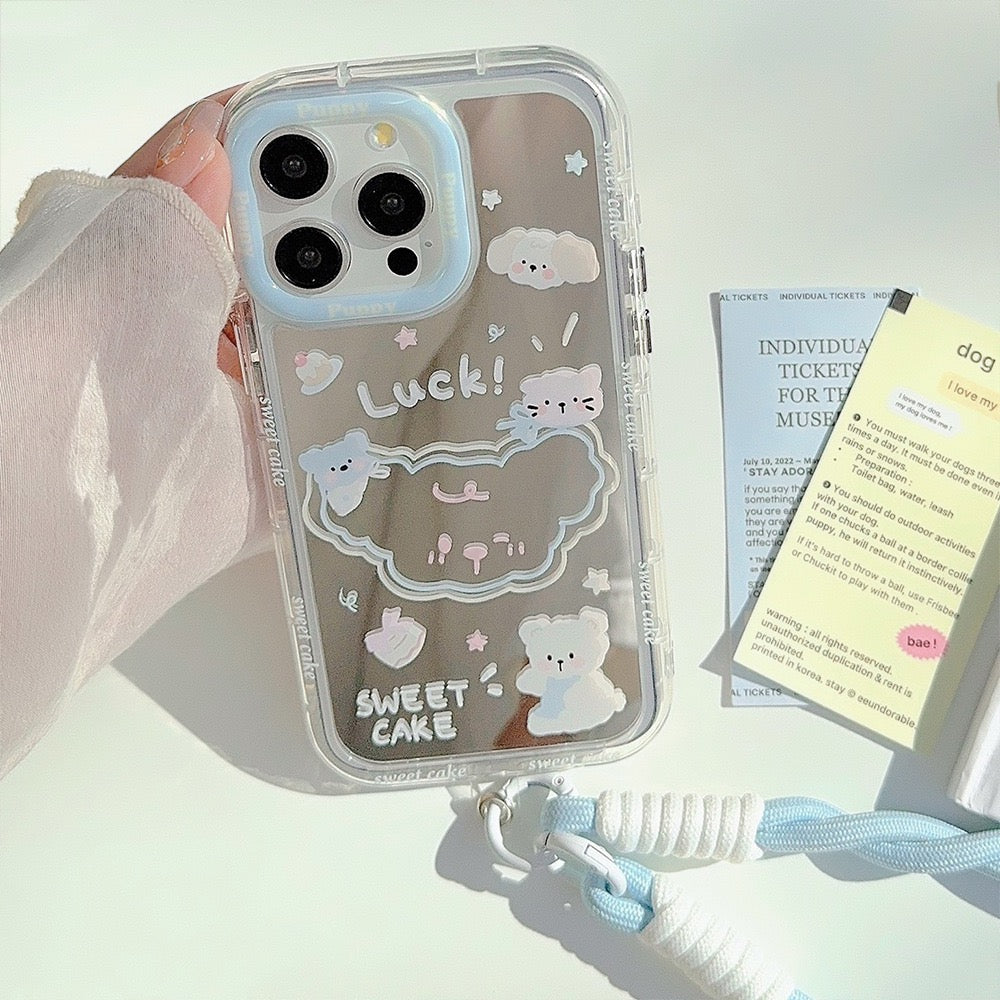 iPhoneケース くま ねこ パステル 鏡付き デザイン 量産系 ゆめかわ スマホケース