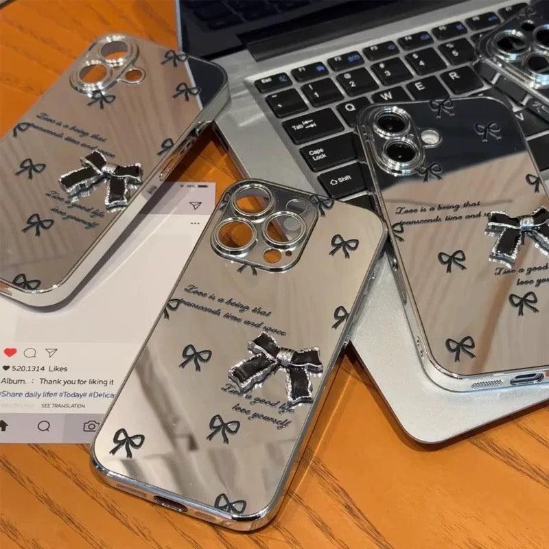 iPhoneケース おしゃれ 立体 リボン ミラー付き スマホケース