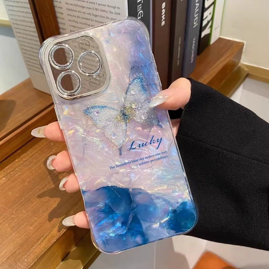 iPhoneケース きらめく 立体蝶々 大理石風 スマホケース