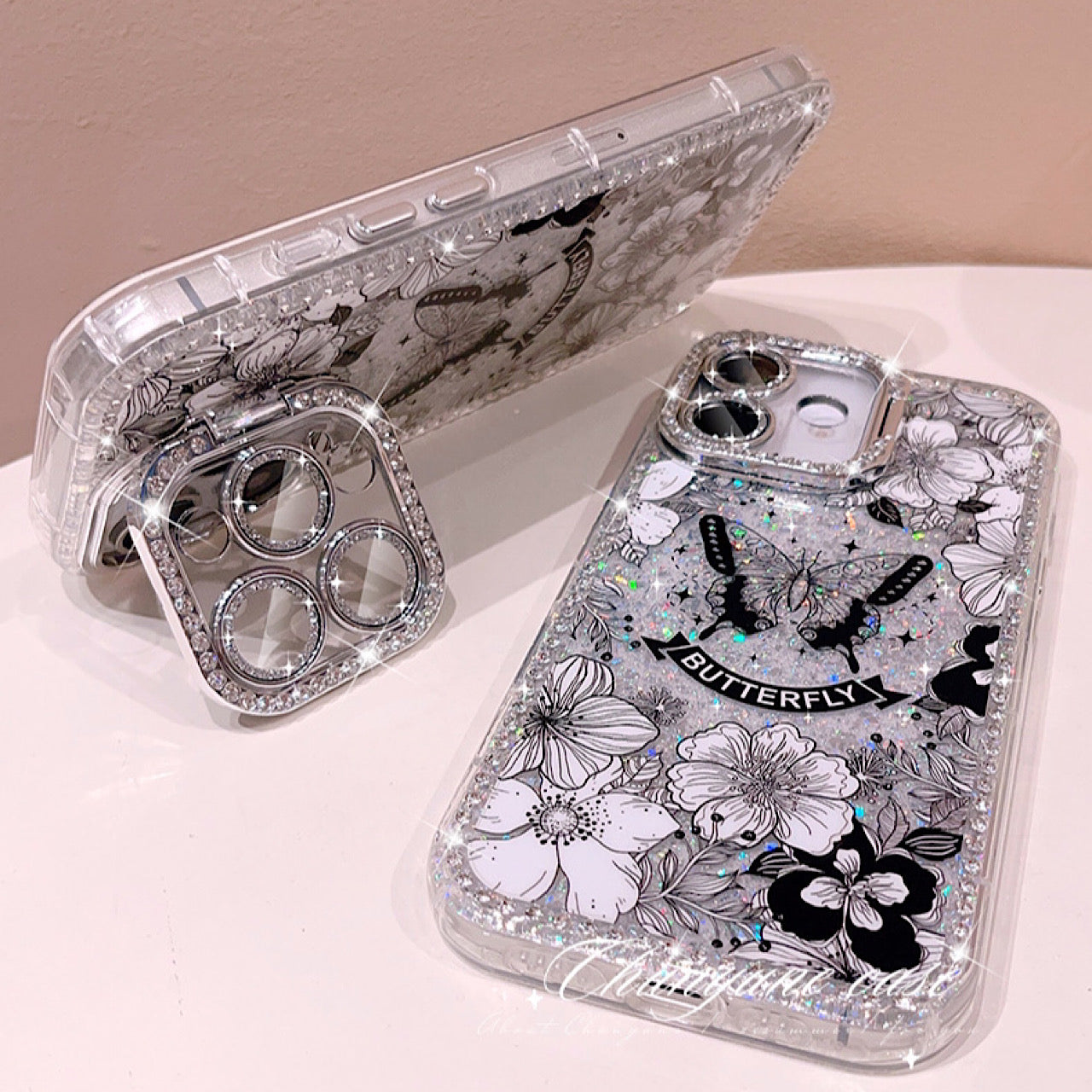 iPhoneケース おしゃれ キラキラ 蝶々 ブラック×ホワイト スタンド付き スマホケース