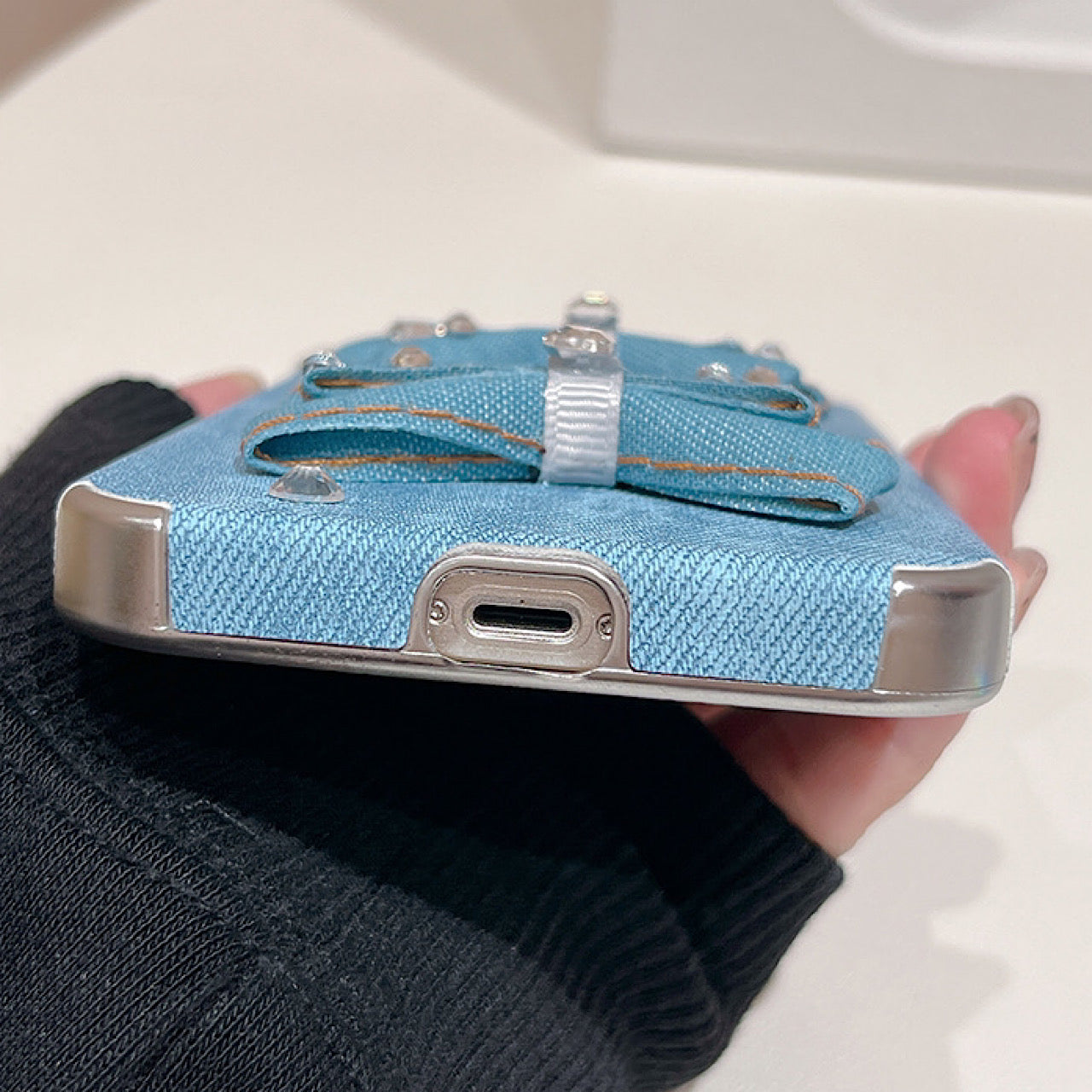 iPhoneケース 立体リボン付き デニム風 スマホケース
