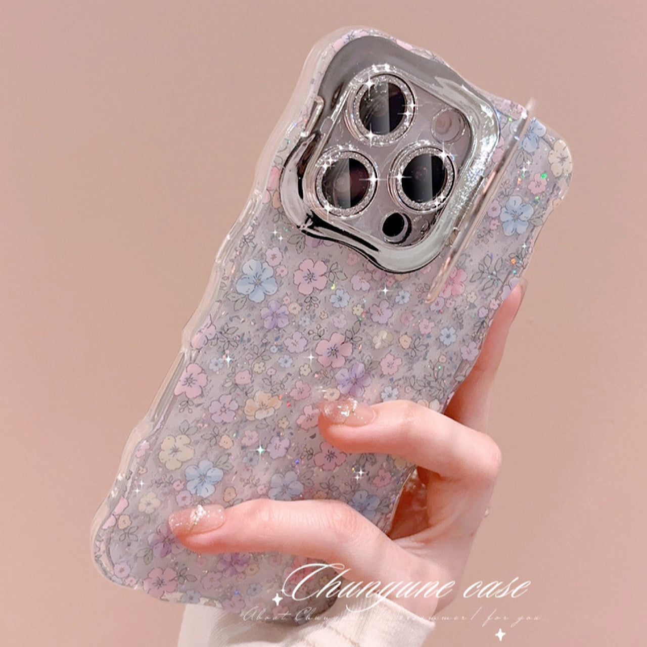 iPhoneケース キラキラ フラワー柄  スタンド付き スマホケース