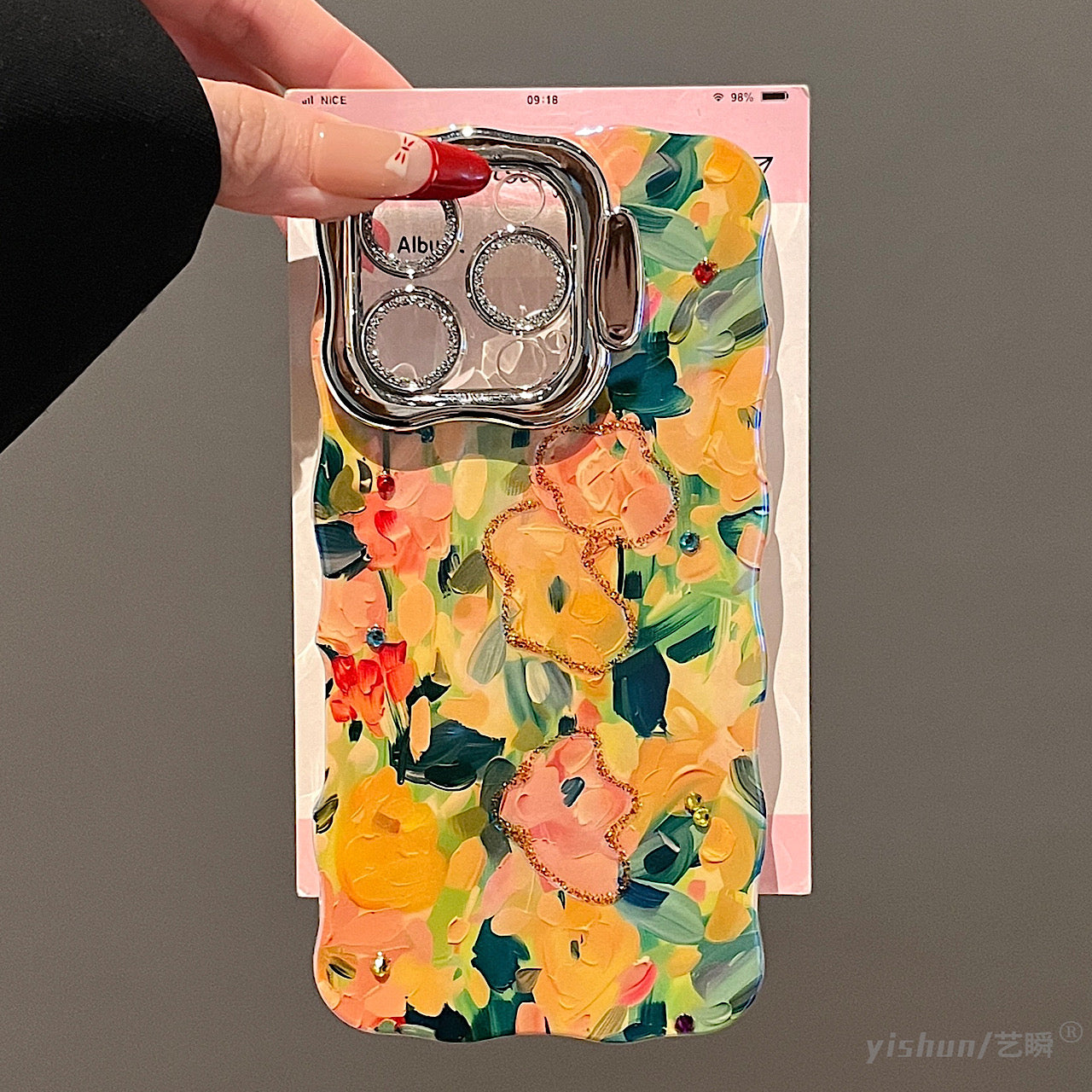 iPhoneケース おしゃれ 絵の具風 カラフル フラワー スタンド付き スマホケース