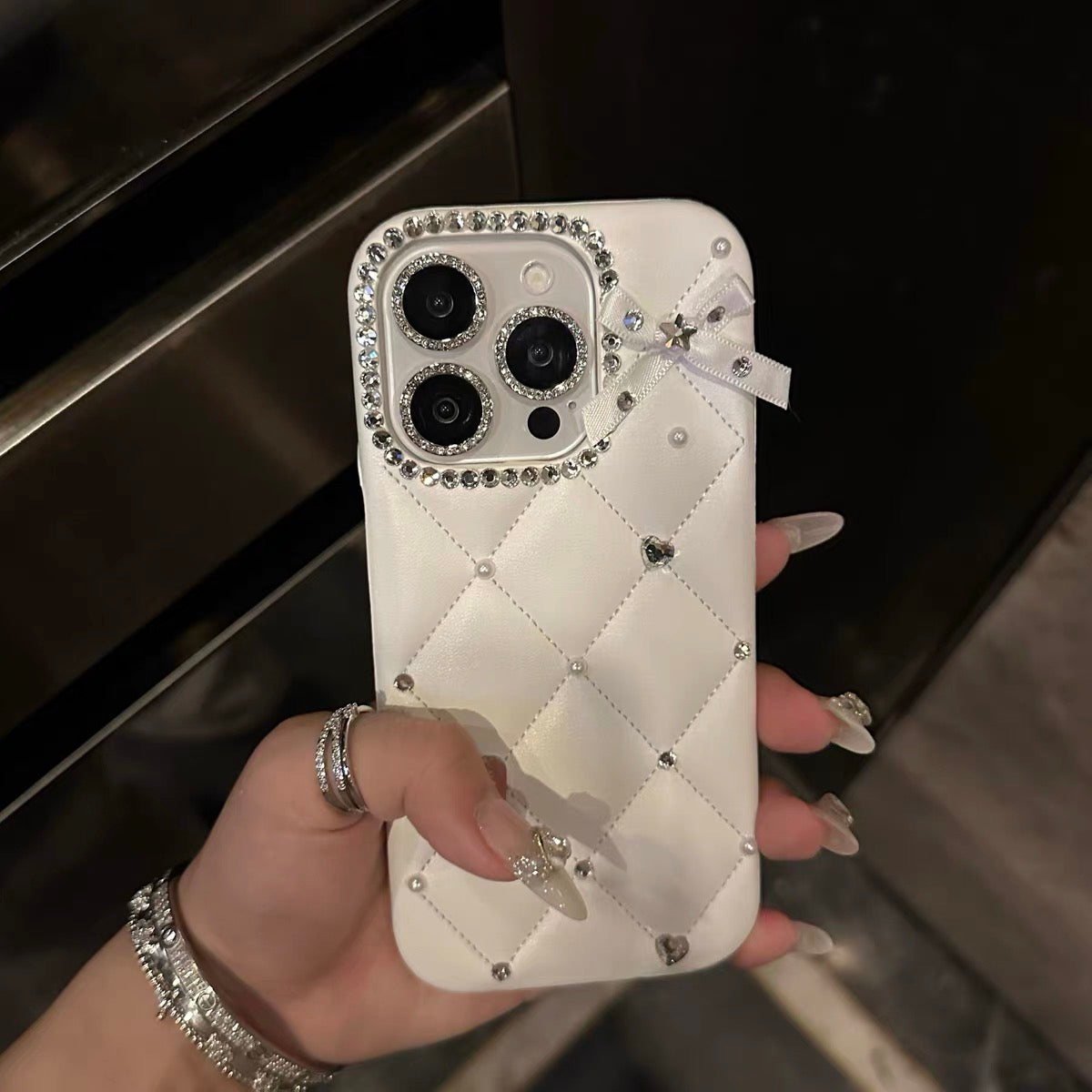 iPhoneケース おしゃれ 立体 リボン ホワイト アーガイル スマホケース