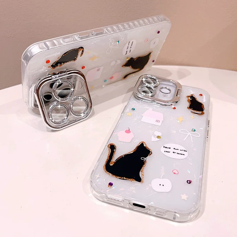 iPhoneケース かわいい 黒猫 スタンド付き スマホケース