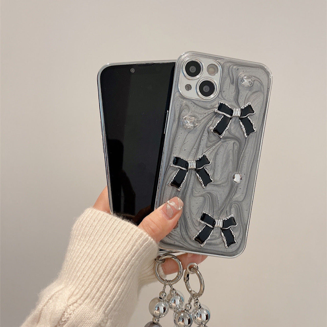 iPhoneケース おしゃれ 立体 ブラック リボン スマホケース