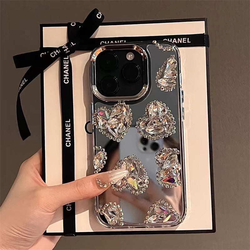 iPhoneケース おしゃれ ホワイト ハート キラキラ ミラー付き スマホケース