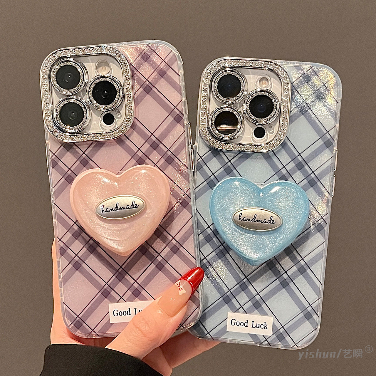 iPhoneケース おしゃれ チェック柄 ハート 持ち手付き スマホケース