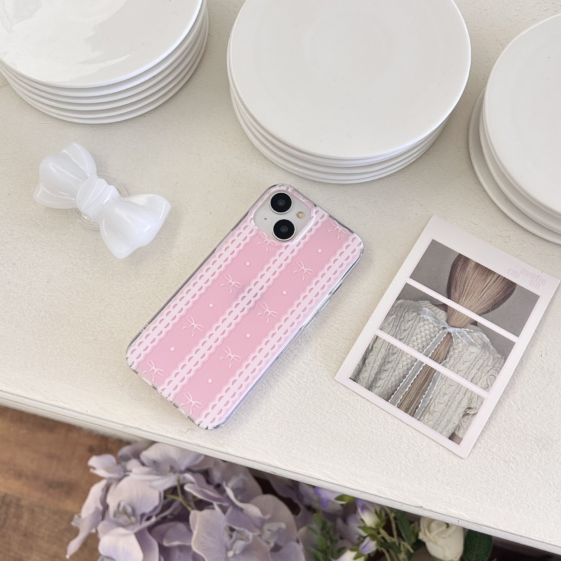 iPhoneケース かわいい ピンク リボン 持ち手付き スマホケース