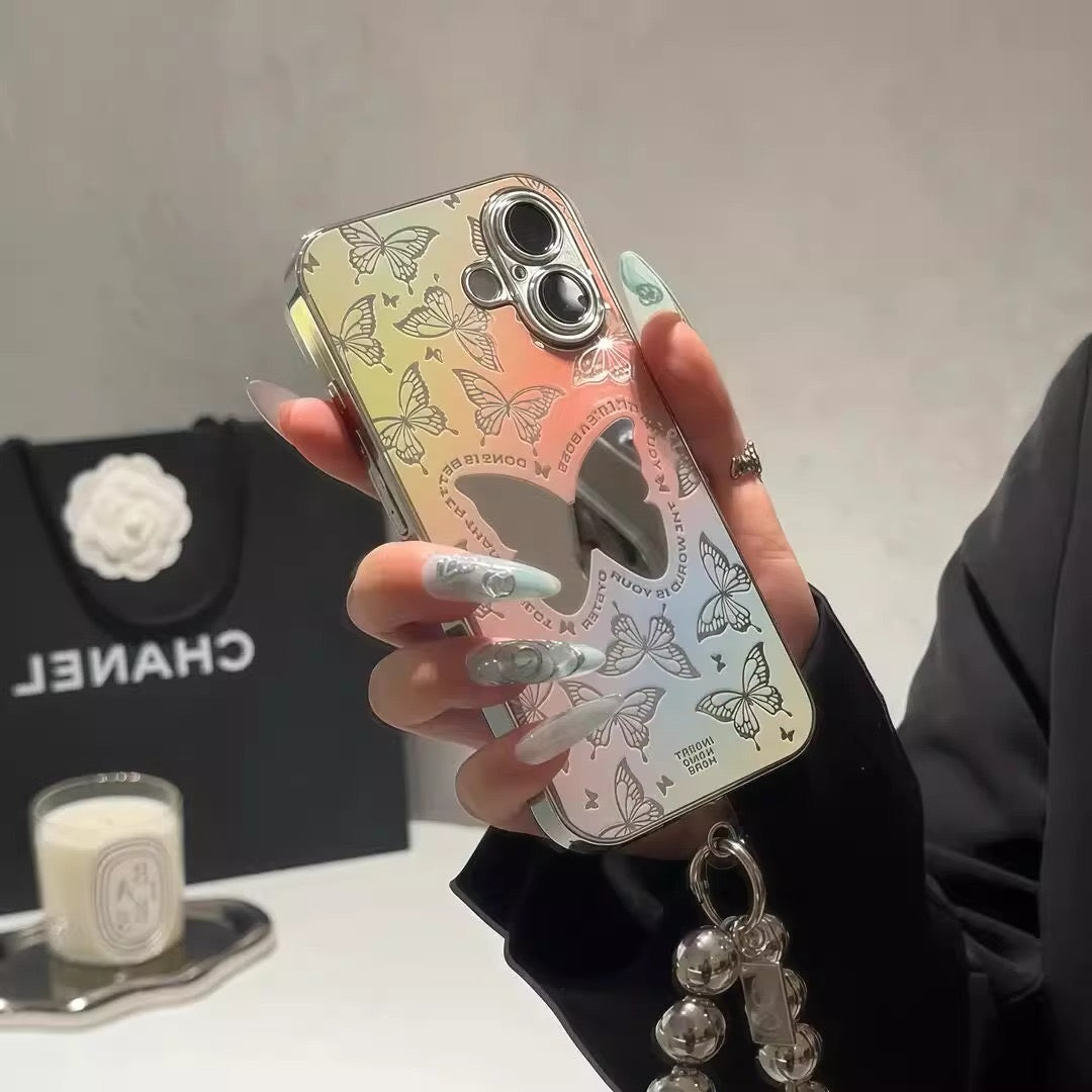 iPhoneケース おしゃれ カラフル 蝶々 ミラー付き スマホケース