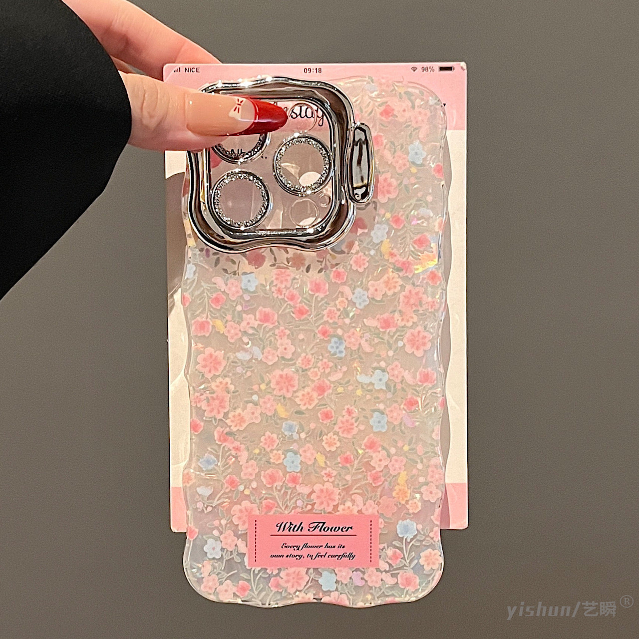 iPhoneケース おしゃれ ピンク フラワー スタンド付き スマホケース