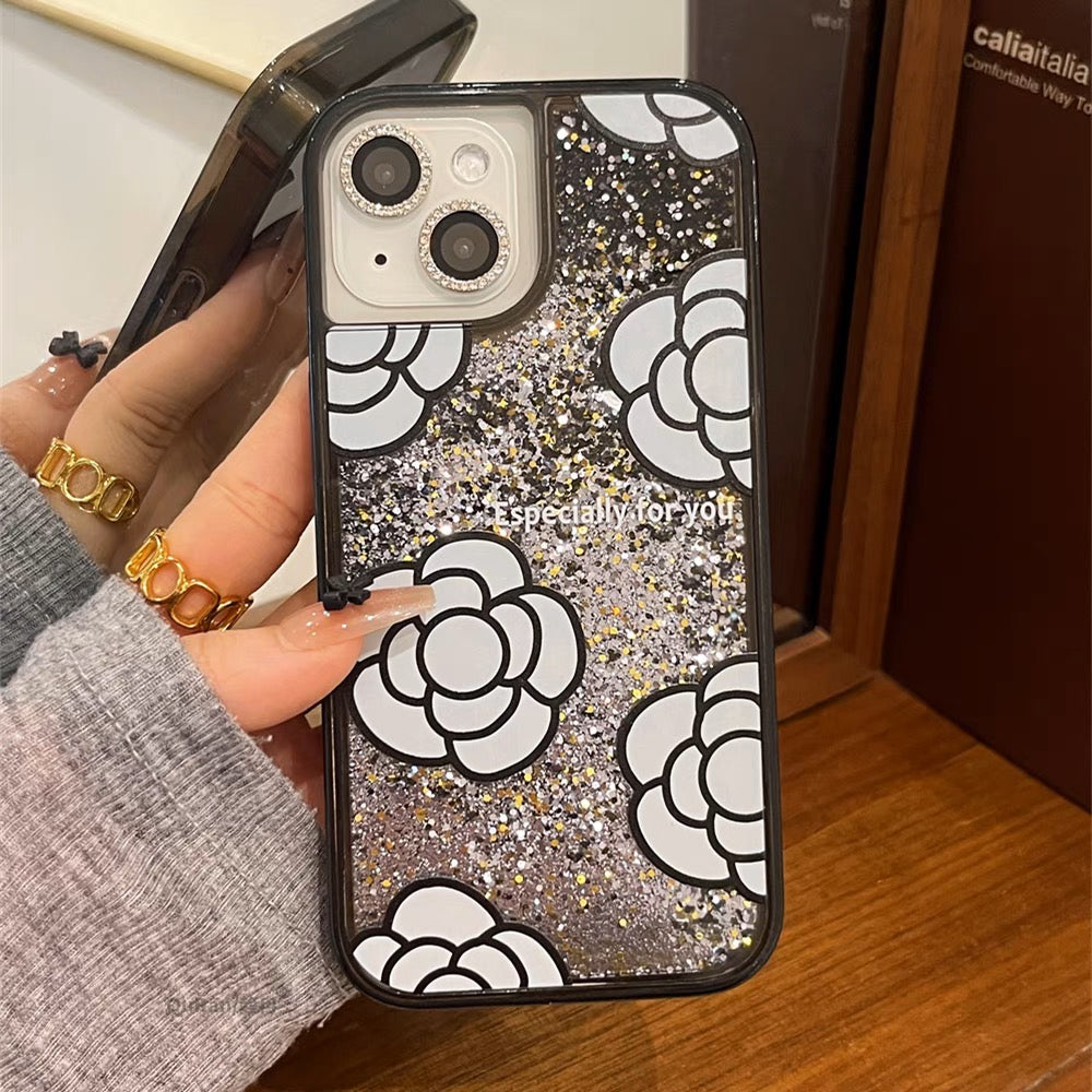 iPhoneケース おしゃれ ホワイト フラワー キラキラ ブラック スマホケース