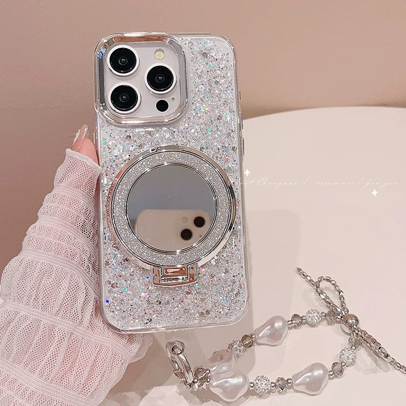 iPhoneケース おしゃれ キラキラ ホワイト ミラー付き スマホケース