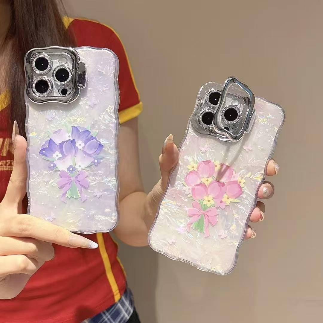 iPhoneケース シェル風 クリア×花束リボンデザイン スマホスタンド スマホケース