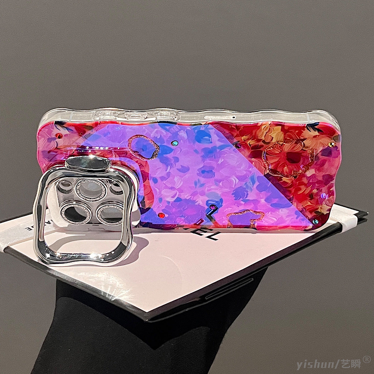 iPhoneケース おしゃれ 絵の具風 カラフル フラワー スタンド付き スマホケース