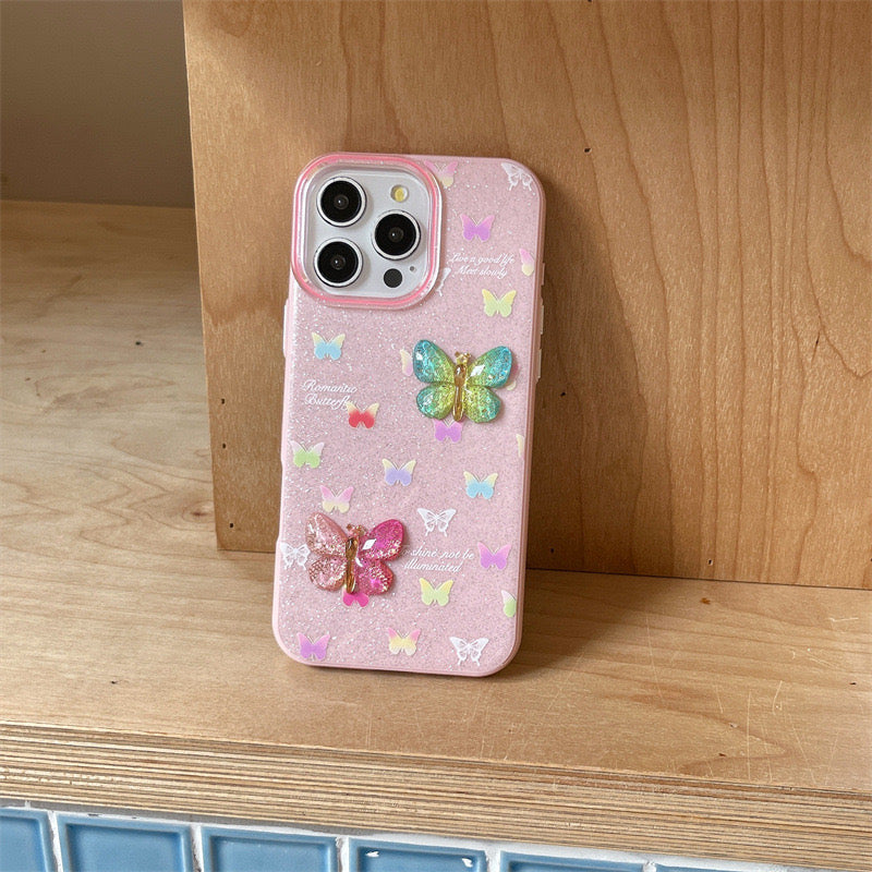 iPhoneケース おしゃれ カラフル 立体 蝶々 ピンク スマホケース