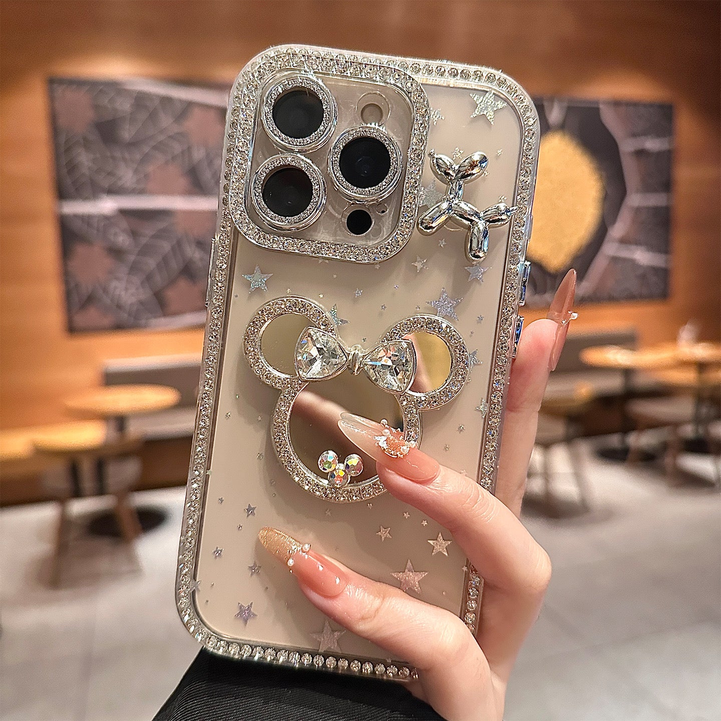 iPhoneケース おしゃれ ハート 熊ちゃん キラキラ ミラー付き スマホケース