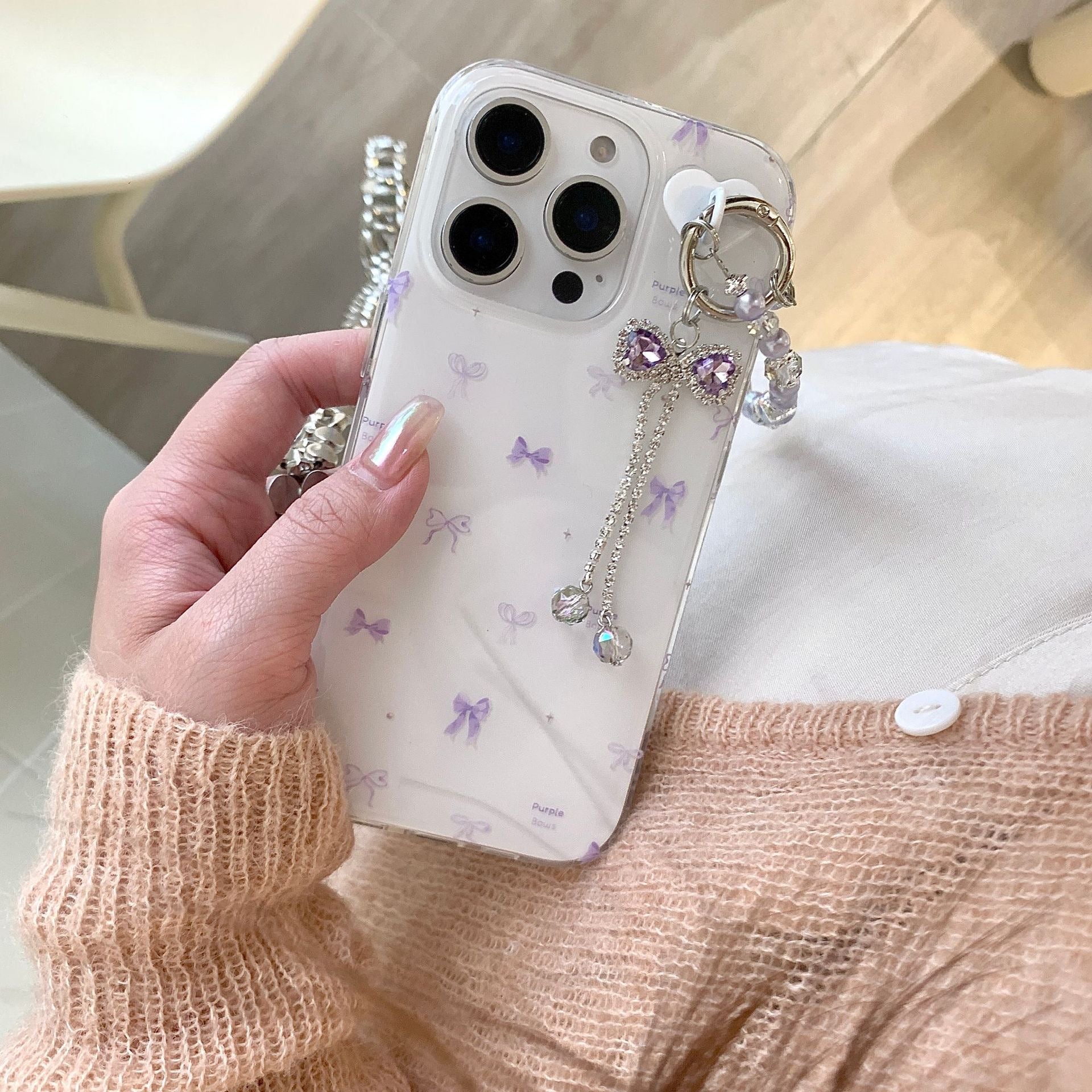 iPhoneケース かわいい パープル リボン チャーム付き スマホケース