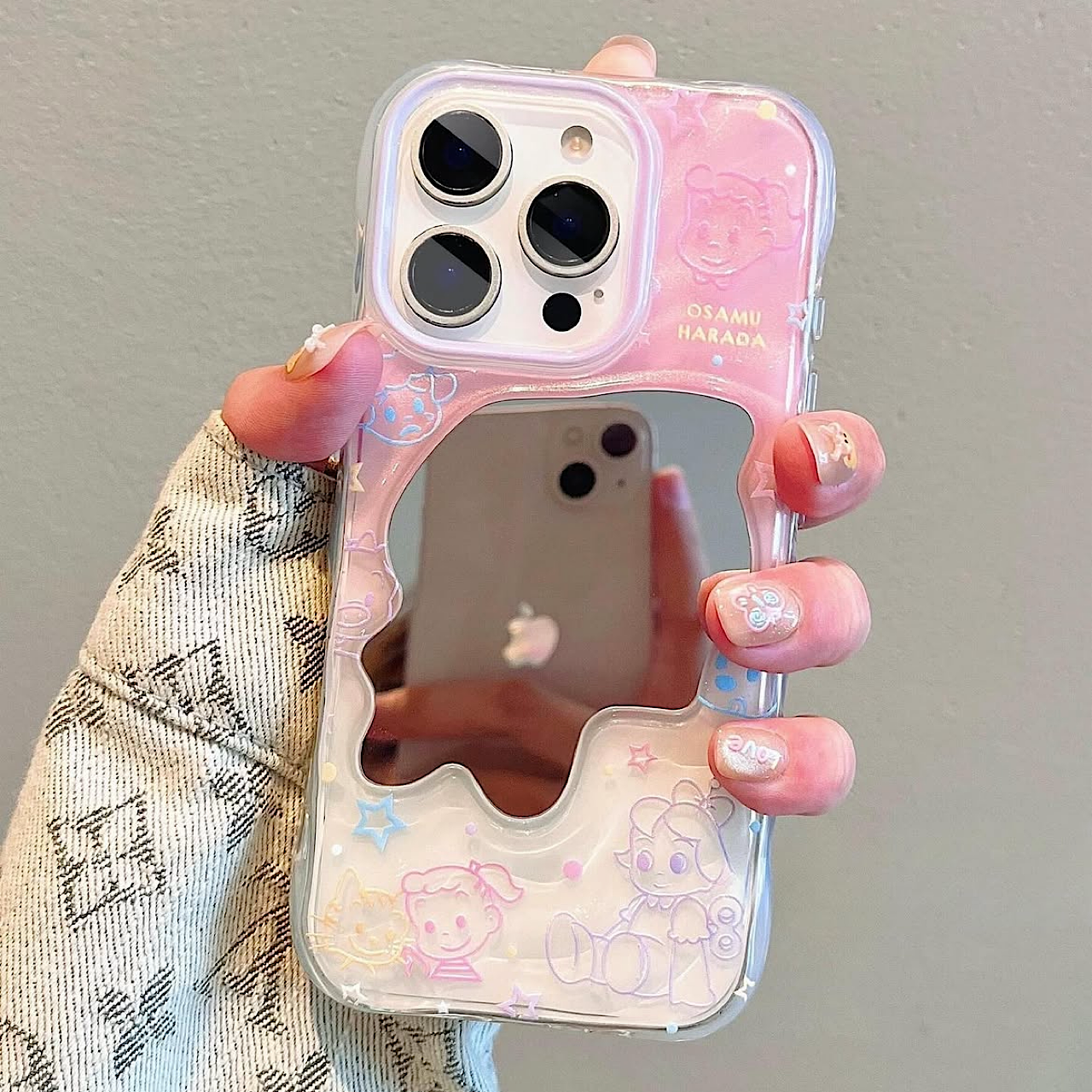 iPhoneケース ゆめかわ ピンク ミラー＆キャラクター柄 スマホケース