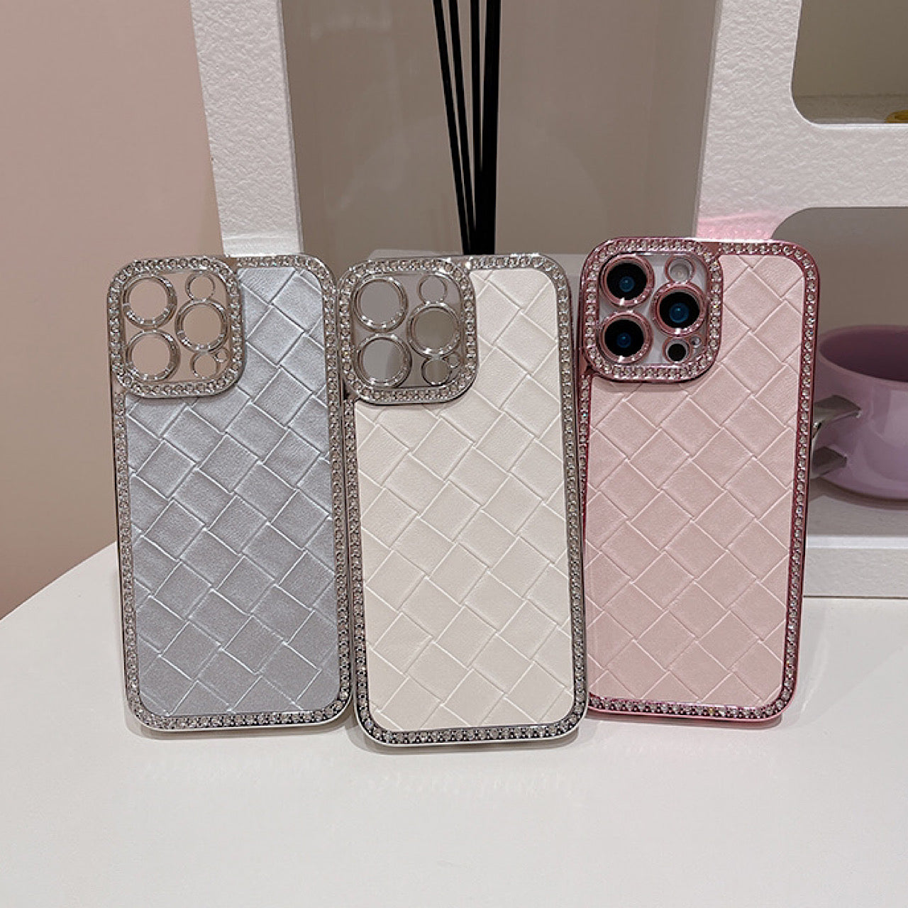 iPhoneケース ピンク ダイヤ風 レザー調 デザイン スマホケース