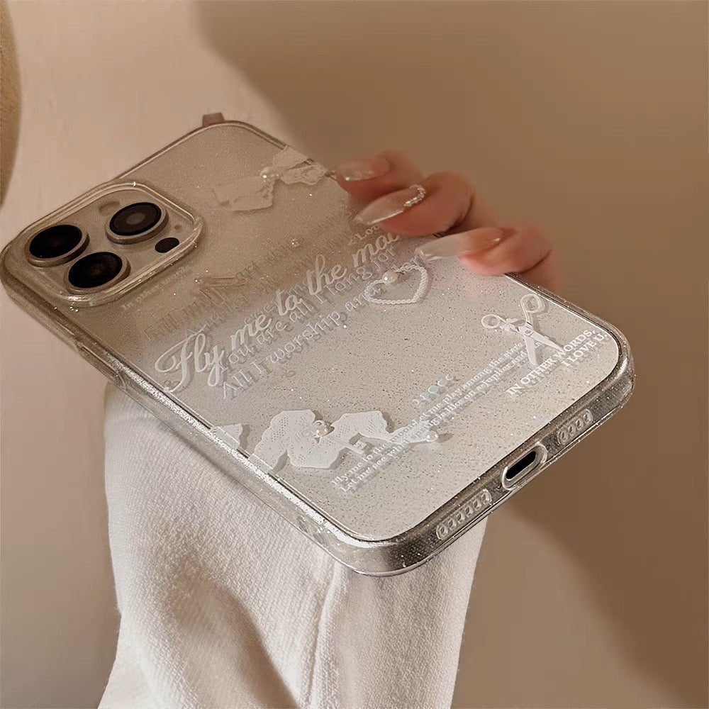 iPhoneケース ホワイト リボン おしゃれ キラキラ 透明 クリア スマホケース