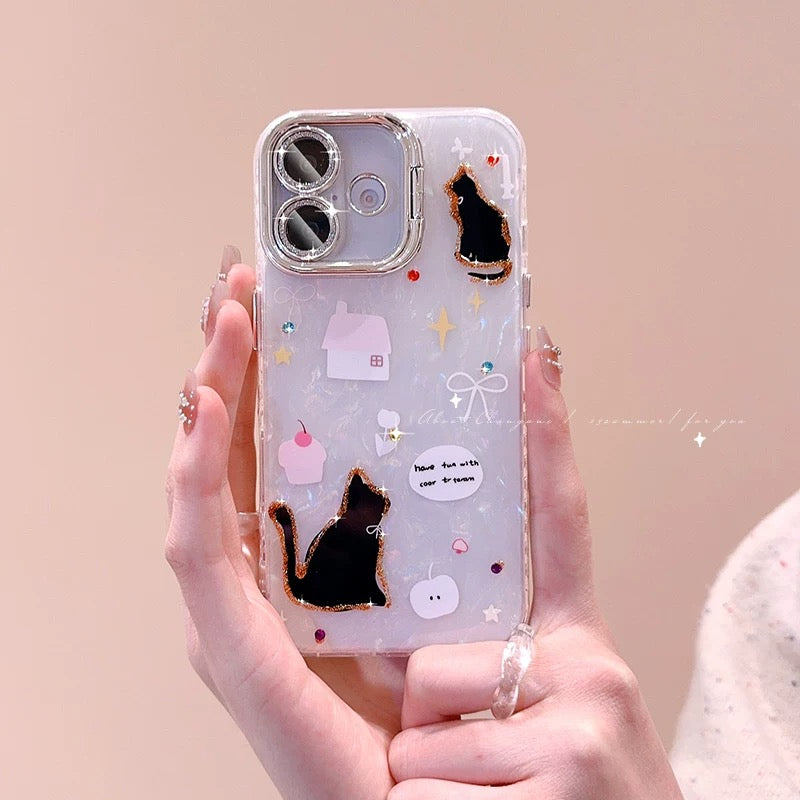 iPhoneケース かわいい 黒猫 スタンド付き スマホケース