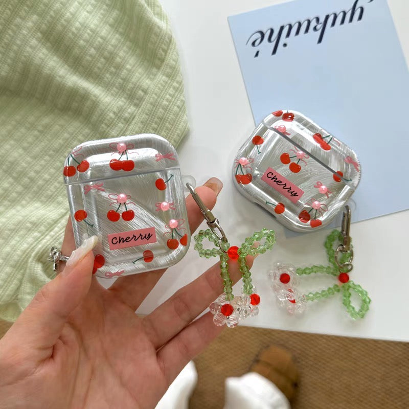 AirPodsケース かわいい 立体 チェリー シルバー AirPods Proケース