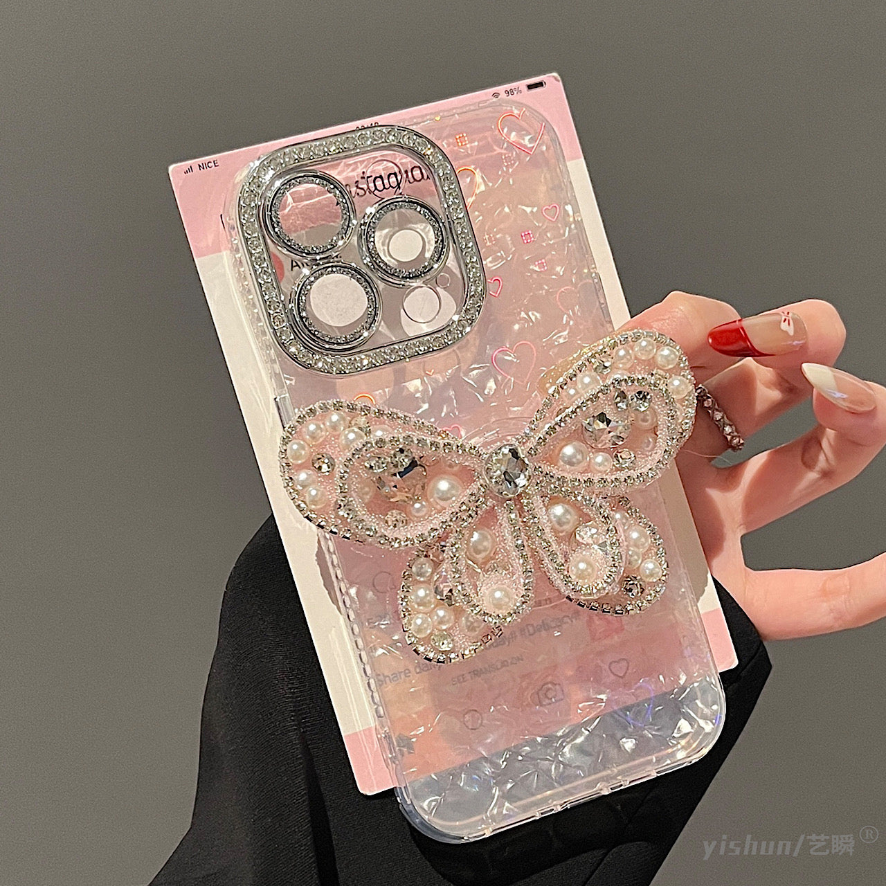 iPhoneケース おしゃれ キラキラ ハート 持ち手付き スマホケース