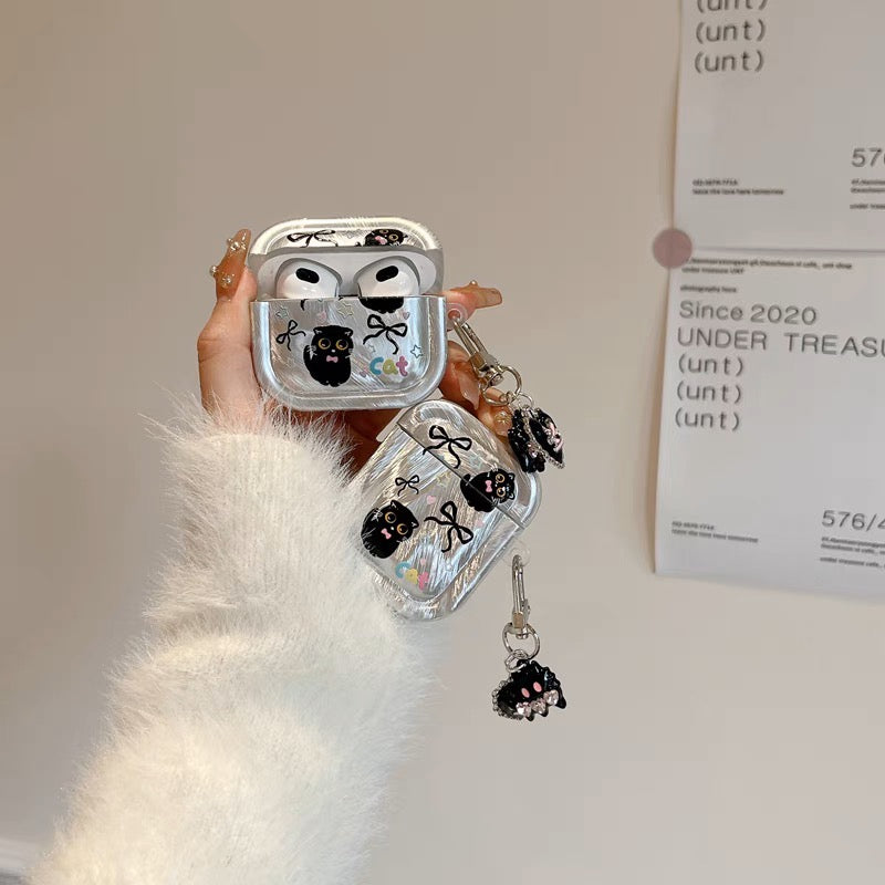 AirPodsケース かわいい 黒猫 シルバー AirPods Proケース