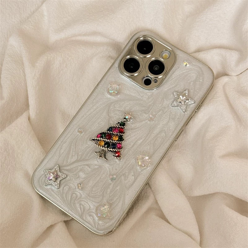 iPhoneケース おしゃれ キラキラ クリスマスツリー ホワイト スマホケース