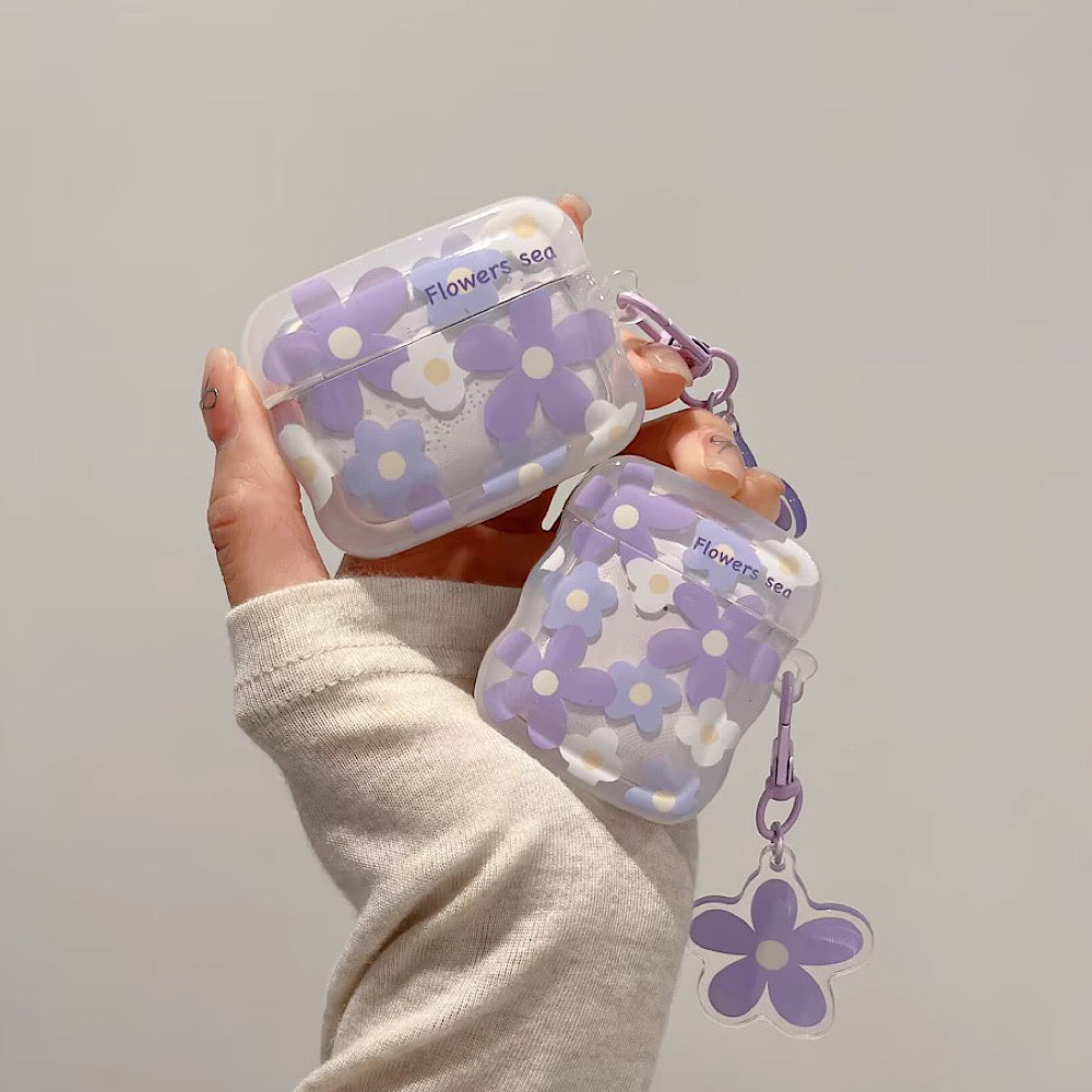 AirPodsケース かわいい パープル フラワー AirPods Proケース