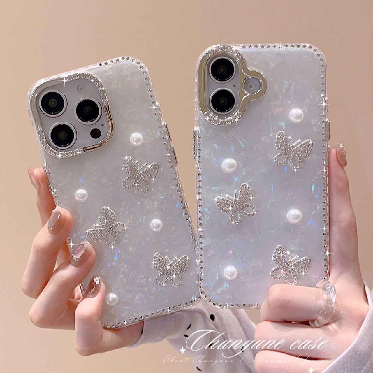 iPhoneケース おしゃれ 蝶々 真珠 キラキラ ホワイト スマホケース