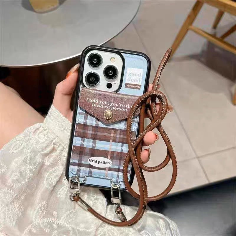 iPhoneケース おしゃれ ポケット付き チェック柄 ショルダー スマホケース
