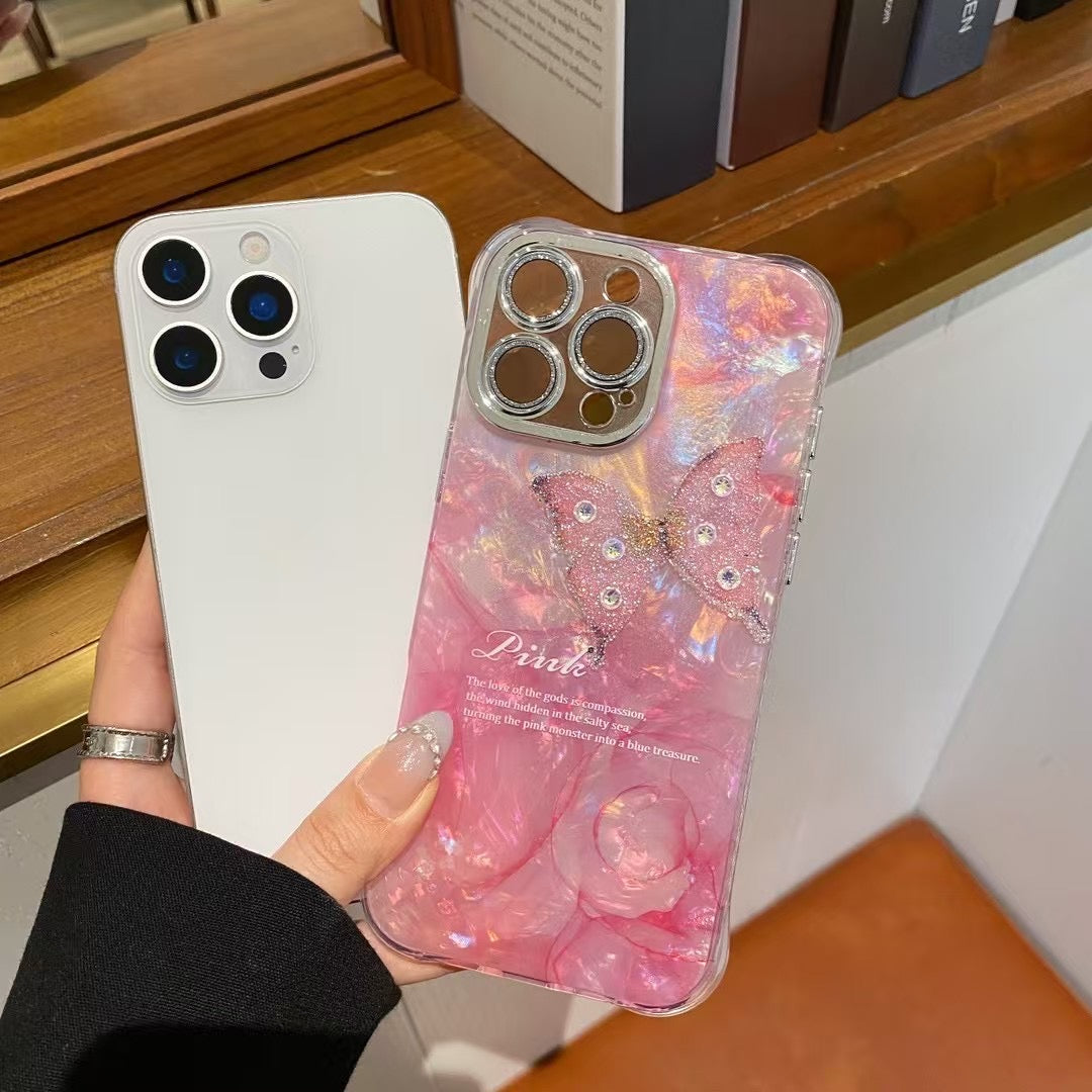 iPhoneケース きらめく 立体蝶々 大理石風 スマホケース