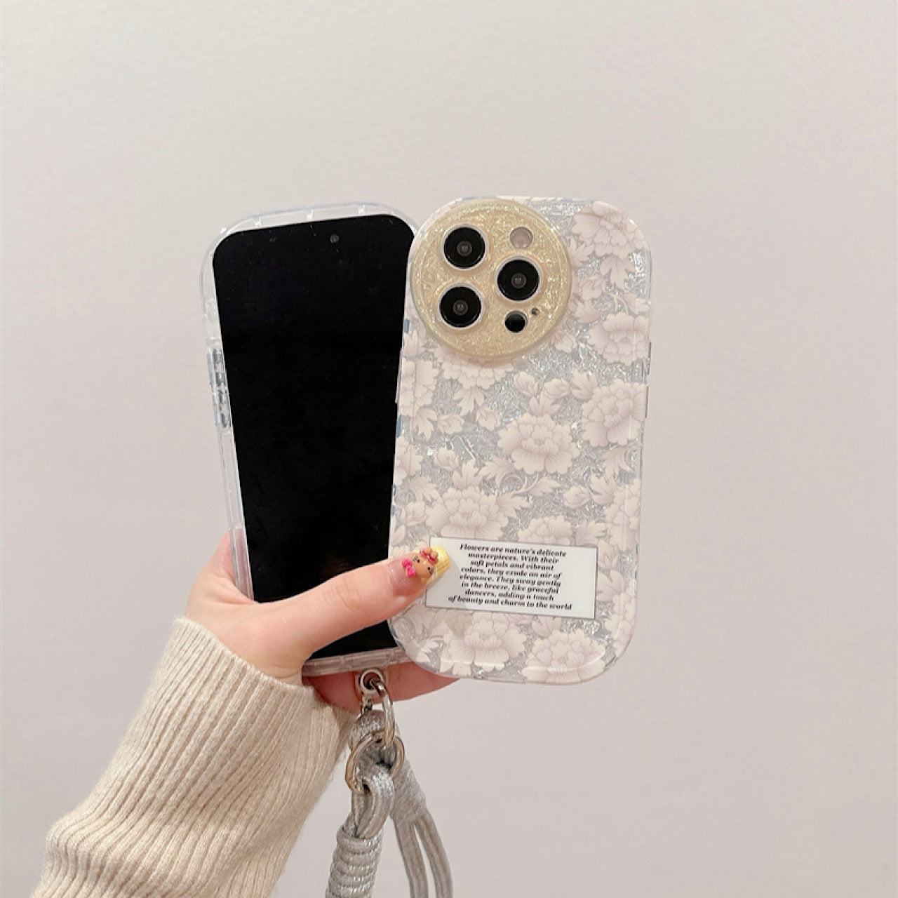 iPhoneケース おしゃれ ピンク フラワー 英文字付き スマホケース