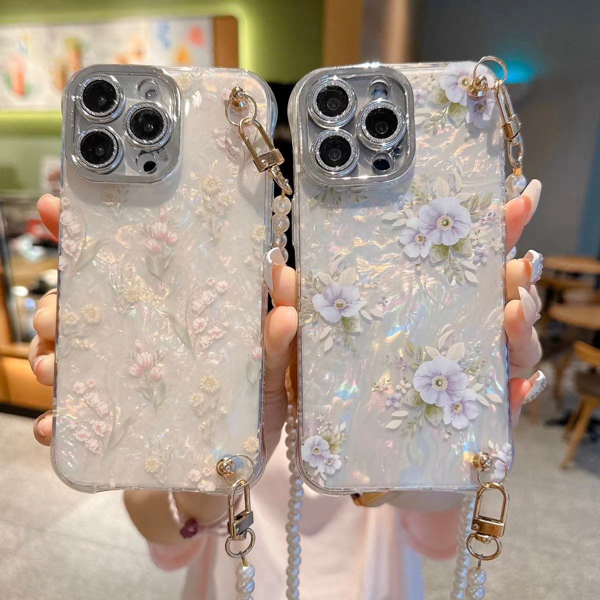 iPhoneケース おしゃれ ショルダー付き フラワー ホワイト スマホケース
