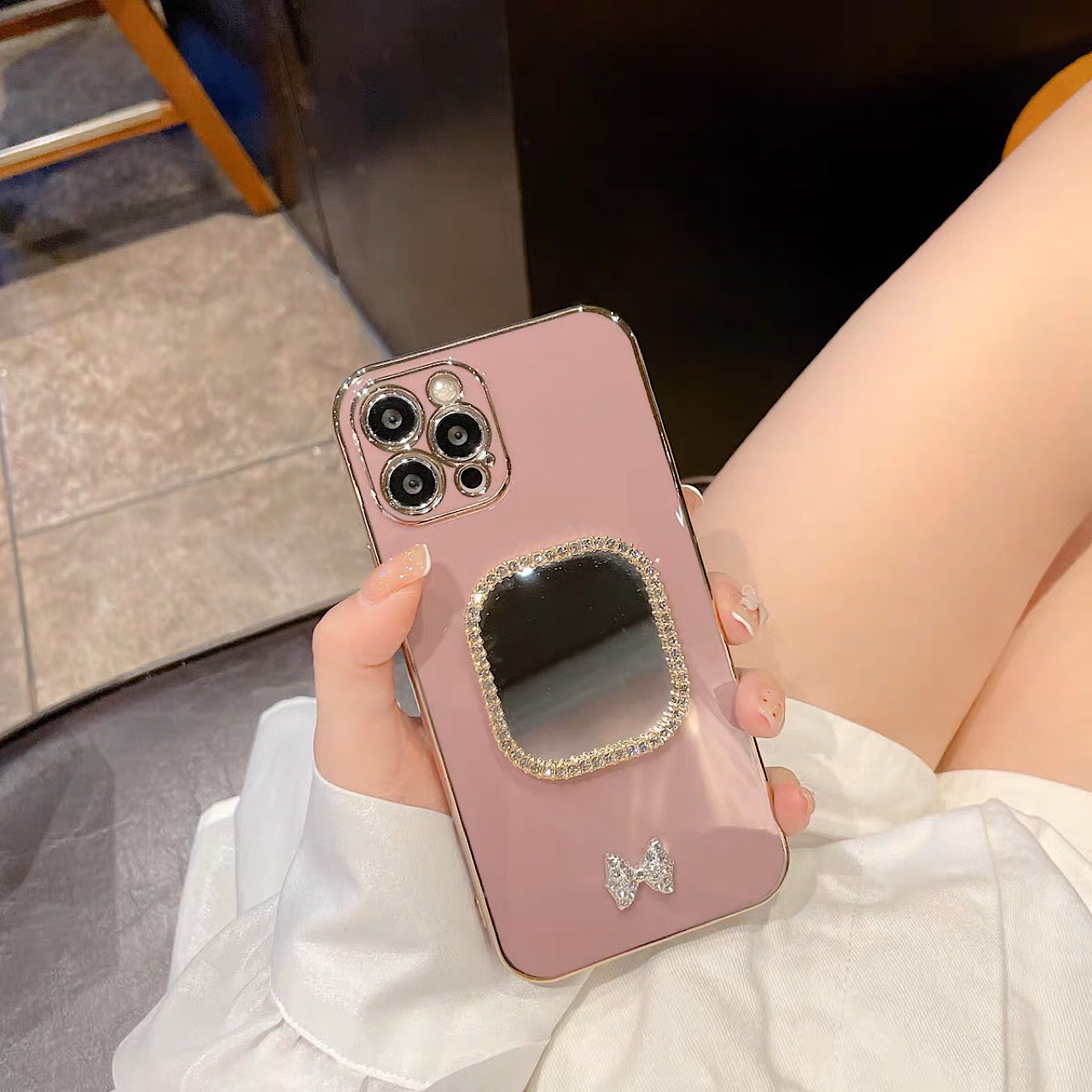 iPhoneケース おしゃれ リボン ミラー付き スマホケース
